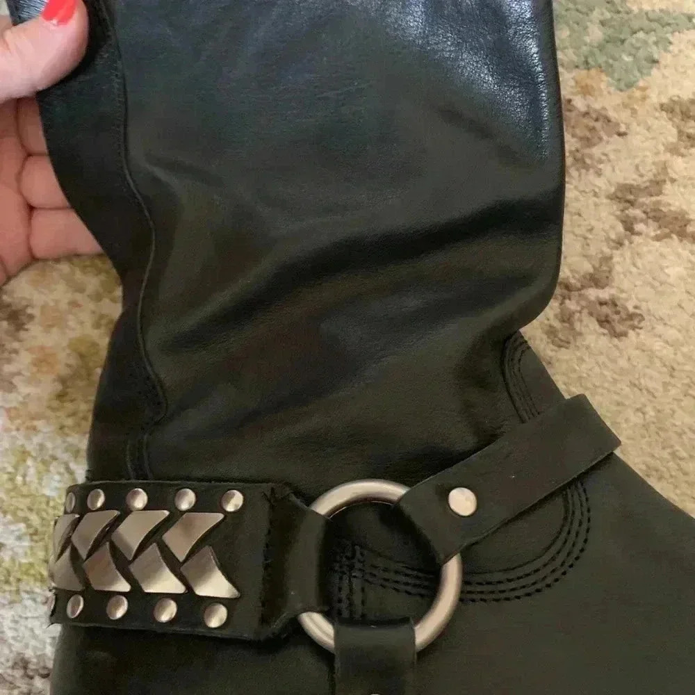 Knee High Black Frye Boots with Silver Adornments - Picture 4 of 14
